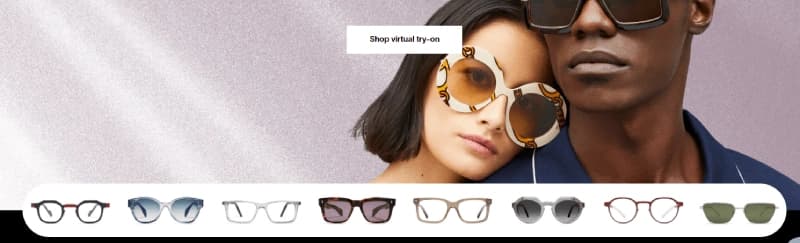Two models wearing stylish sunglasses; below them, a row of various eyeglass frames is displayed.