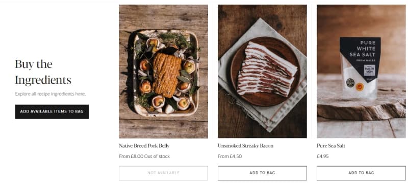 Three food items displayed: pork belly with vegetables, streaky bacon on a plate, and a package of pure white sea salt.