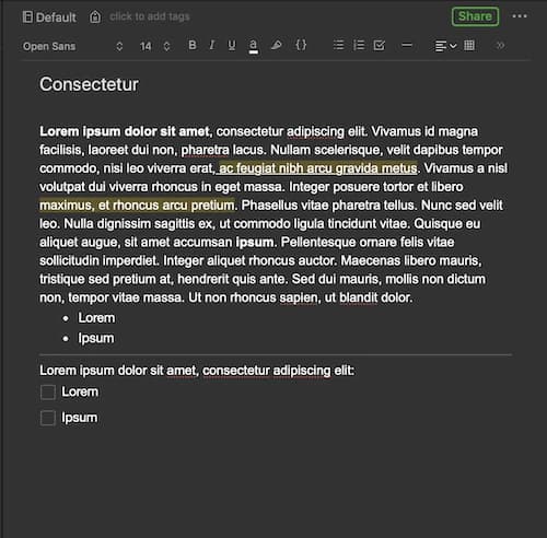 A text editor displaying Latin placeholder text in a dark theme, with bullet points and highlighted sections.