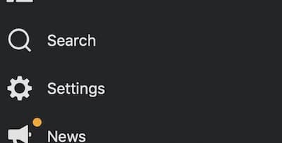 Mobile app menu with icons and labels for Search, Settings, and News. The News icon has an orange dot indicating a notification.