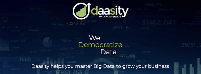 Daasity logo with text: "We Democratize Data. Daasity helps you master Big Data to grow your business" on a dark background with data graphics.