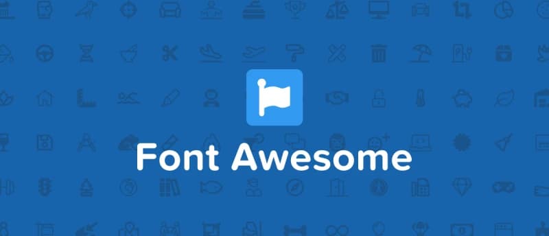 Blue background with a white flag icon and the text "Font Awesome" in white. Various small icons are faintly visible in the background.