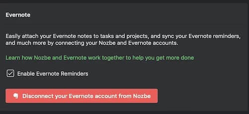 Settings interface for connecting Evernote with Nozbe, featuring options to enable reminders and disconnect the account.