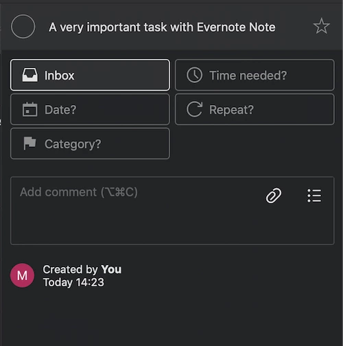 Task management interface showing options for Inbox, Time needed, Date, Repeat, and Category. A note is created by "You" at 14:23 today.
