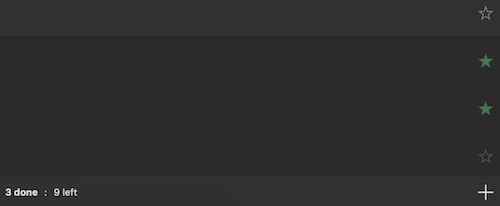 A dark interface showing a task list with three completed tasks and nine remaining, featuring star icons for prioritization.