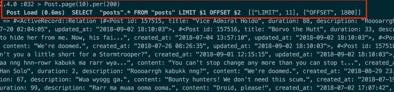 Screenshot of a terminal displaying SQL query execution with highlighted code, showing a SELECT statement from a "posts" table.