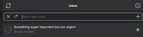 Task management app interface showing a task labeled "Something super important but not urgent" with a star icon.