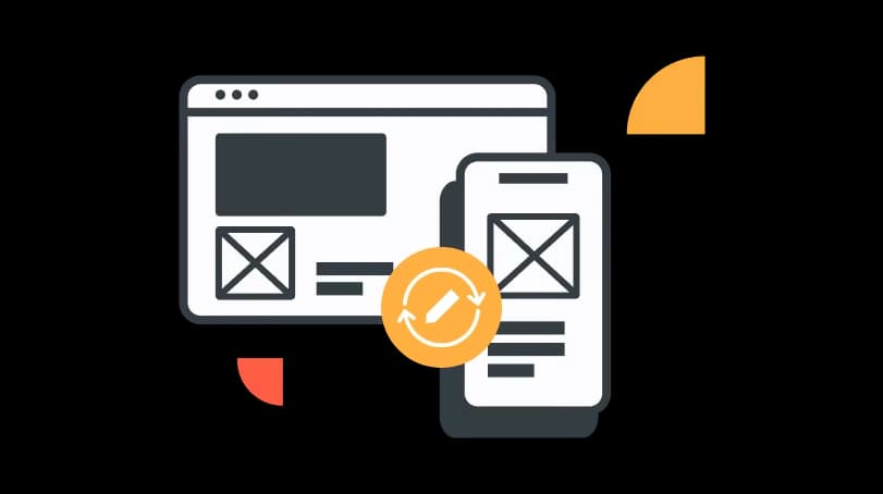 Illustration of a web page and smartphone with wireframe layouts and a refresh icon, symbolizing synchronization or updates.