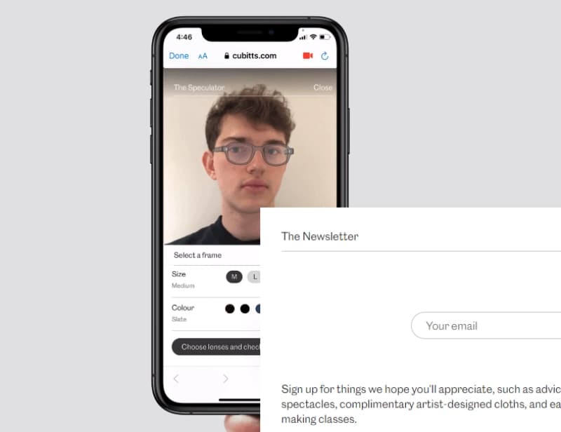 Smartphone displaying a virtual glasses try-on app with a man wearing glasses. A newsletter sign-up form is partially visible on the right.