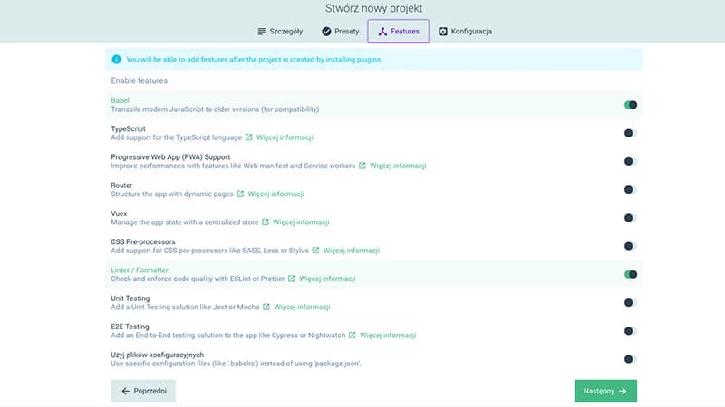 Screenshot of a project setup interface with options for enabling features like Babel, Typographic, PWA support, and more, each with toggle switches.