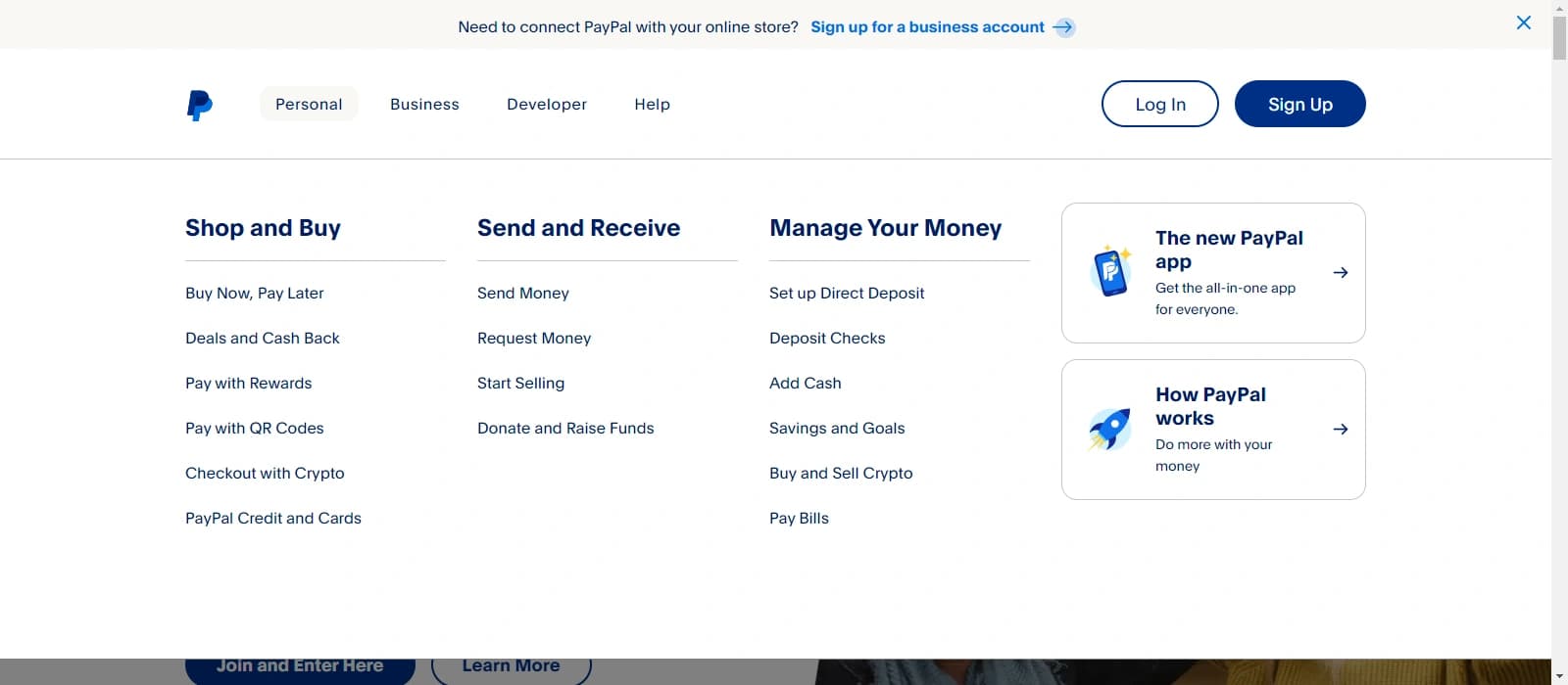 PayPal website homepage showing options for shopping, sending, and managing money, with login and sign-up buttons at the top.