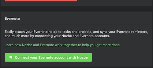 Screenshot of an app interface showing instructions to connect Evernote with Nozbe, featuring a green button for account connection.