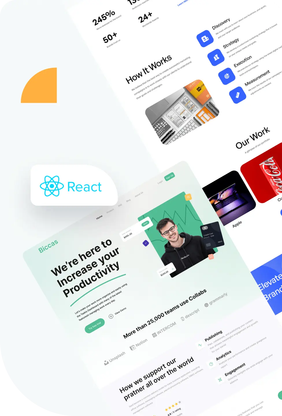 Collage of React development web design elements, featuring a website interface, and various digital tools and graphics