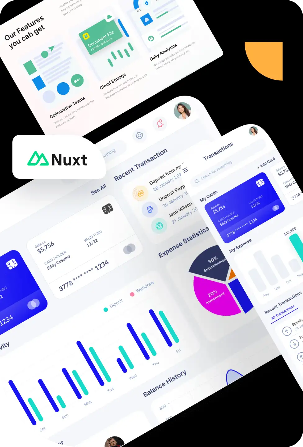 Nuxt.js solutions design with graphs, charts, and transaction details on a sleek, modern interface