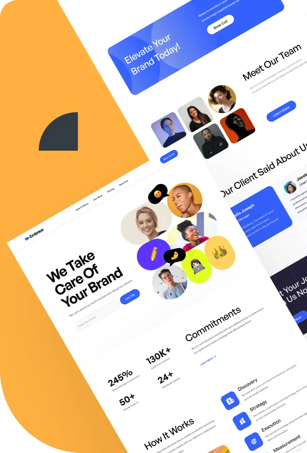 Jamstack development: a website design mockup featuring team profiles and branding services with a modern, colorful layout