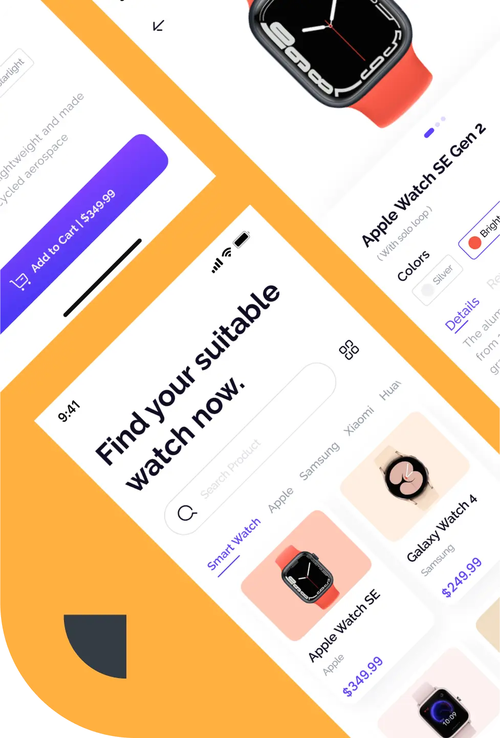 E-commerce development interface showcasing smartwatches, with options to add to cart