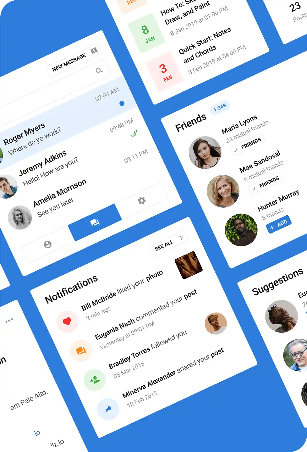 A web design digital interface displaying messaging, notifications, friends list, and suggestions
