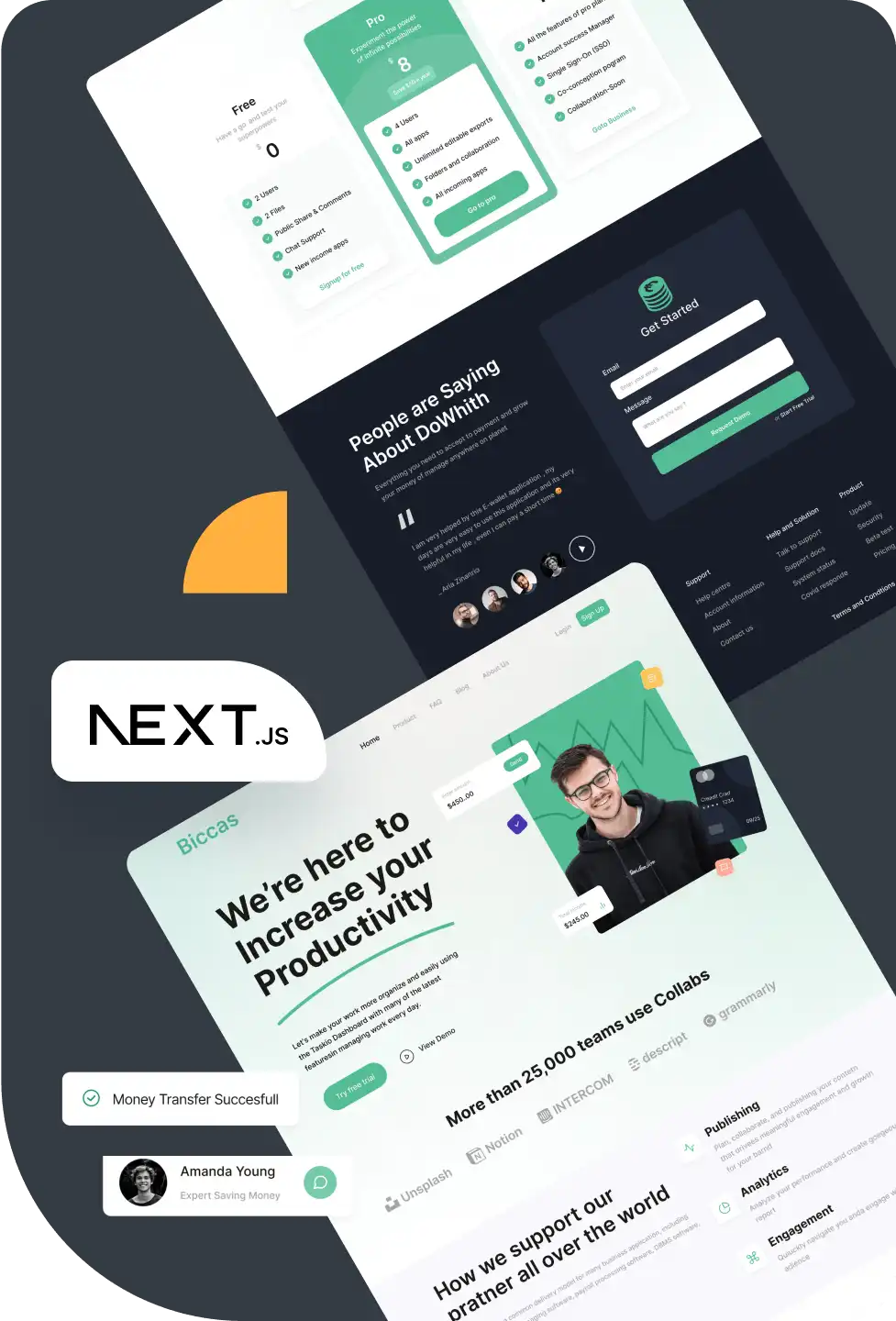 A collage of Next.js website interface designs, featuring productivity tools, testimonials. and buttons