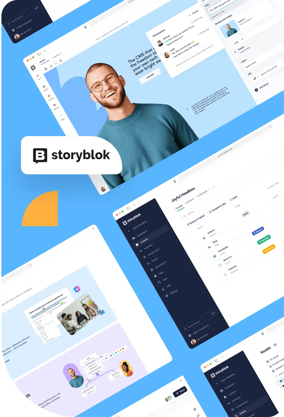 Collage of Storyblok design with a smiling person. Features include dashboard, user profiles, and content management tools