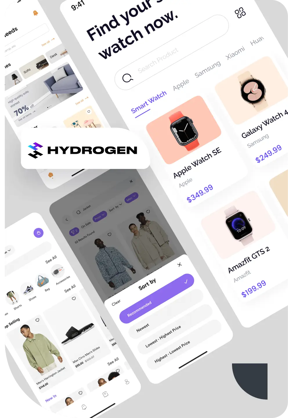 Shopify Hydrogen storefront design showing a shopping platform with smartwatches, clothing, and a navigation menu