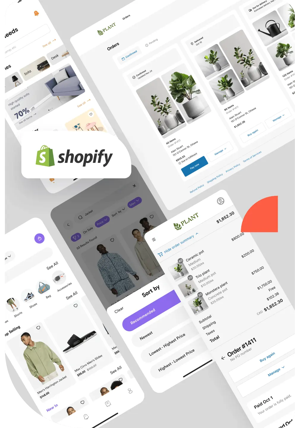 Shopify store interface showcasing various features, including product listings, order management, and sorting options