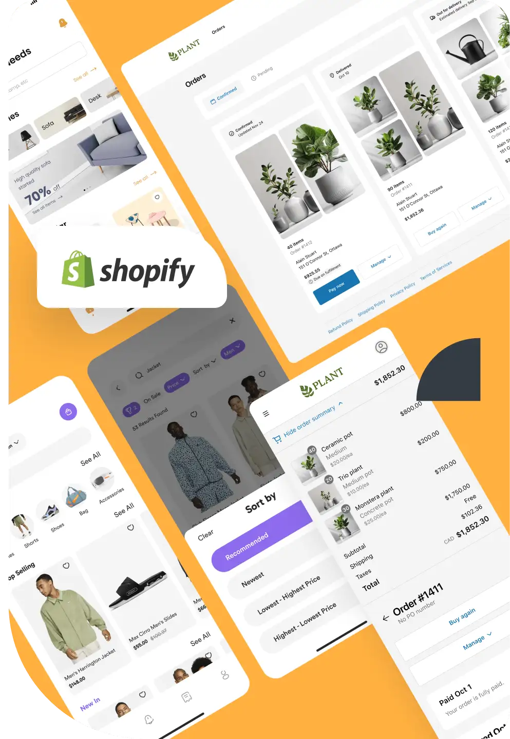 Collage of Shopify app interfaces displaying product listings, shopping cart, and order details on various devices