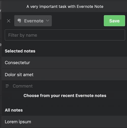 Evernote interface showing a task titled "A very important task with Evernote Note" with options to select and save notes.