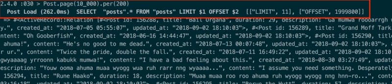 Screenshot of a terminal window displaying SQL query logs, including a SELECT statement with LIMIT and OFFSET parameters.