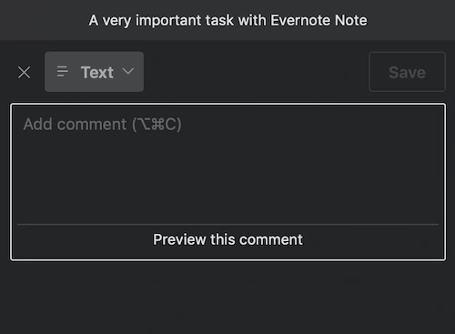 Dark interface showing a text input box labeled "Add comment" with Evernote Note options and a "Preview this comment" button.