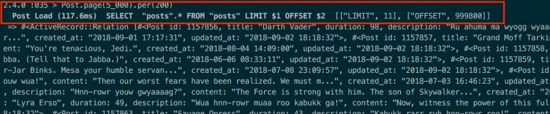 Screenshot of a terminal displaying SQL query logs with highlighted text showing a "SELECT" statement and offset details.