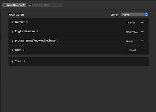A dark-themed digital notebook interface showing four notebooks: Default, English lessons, programming/knowledge_base, and work, sorted by name.