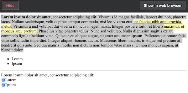 A webpage displaying text with highlighted phrases in yellow, a bullet list, and a button labeled "Show in web browser."