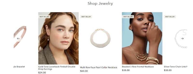 A jewelry shop display with bracelets, earrings, and necklaces. Includes prices and "Best Seller" tags on some items.