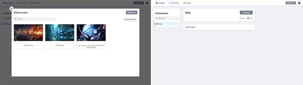 Dashboard interface with related assets on the left, showcasing three futuristic images, and a blog section on the right.