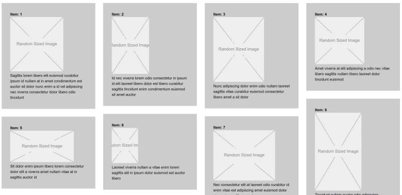 A grid layout with eight placeholders for images and text, each labeled from "Item 1" to "Item 8," featuring lorem ipsum text.