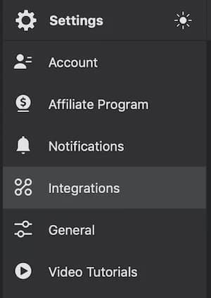 Settings menu with options: Account, Affiliate Program, Notifications, Integrations (highlighted), General, and Video Tutorials.