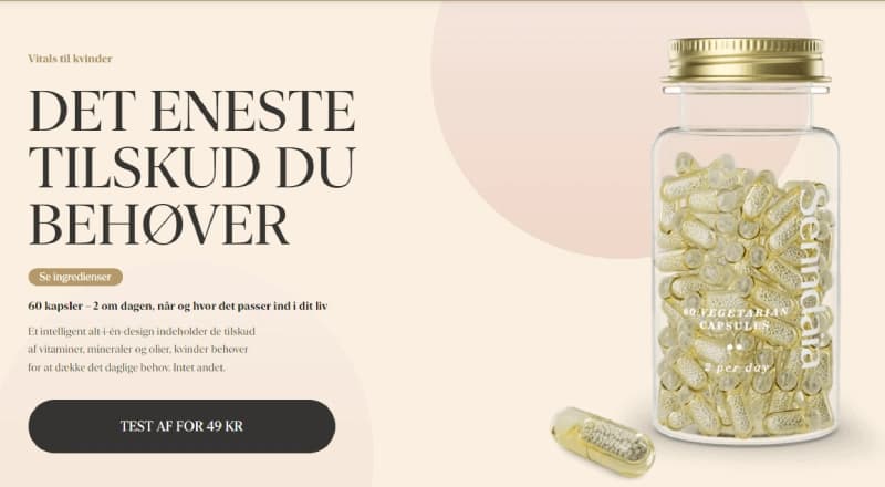 A jar of capsules labeled "Serenical" next to text in Danish promoting a supplement with a button offering a trial for 49 KR.
