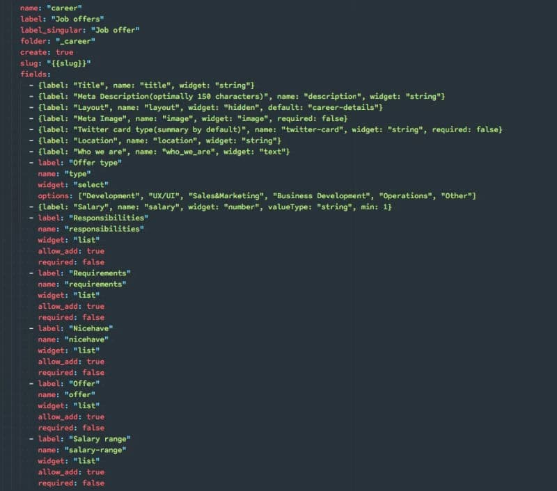 Code snippet showing a configuration for a job offer form, including fields like title, description, location, and salary range.