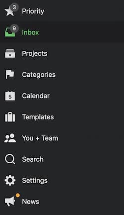 Sidebar menu with icons and labels: Priority, Inbox, Projects, Categories, Calendar, Templates, You + Team, Search, Settings, News.
