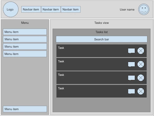 UI mockup with a sidebar menu and task view. Sidebar has menu items; task view includes a search bar and a list of tasks with icons.