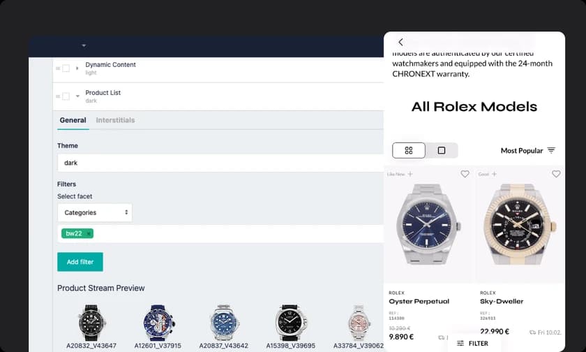 Website interface showing a product filter menu and a preview of Rolex watches, including Oyster Perpetual and Sky-Dweller models with prices.