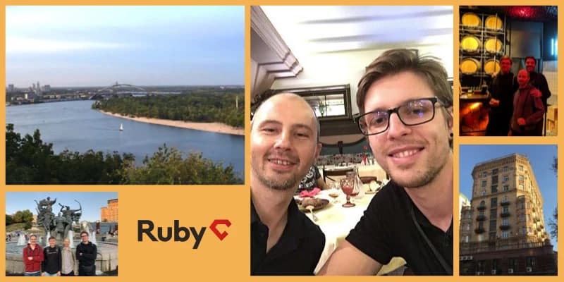 Collage with a river view, two men dining, a group near barrels, a building, and a Ruby C logo.