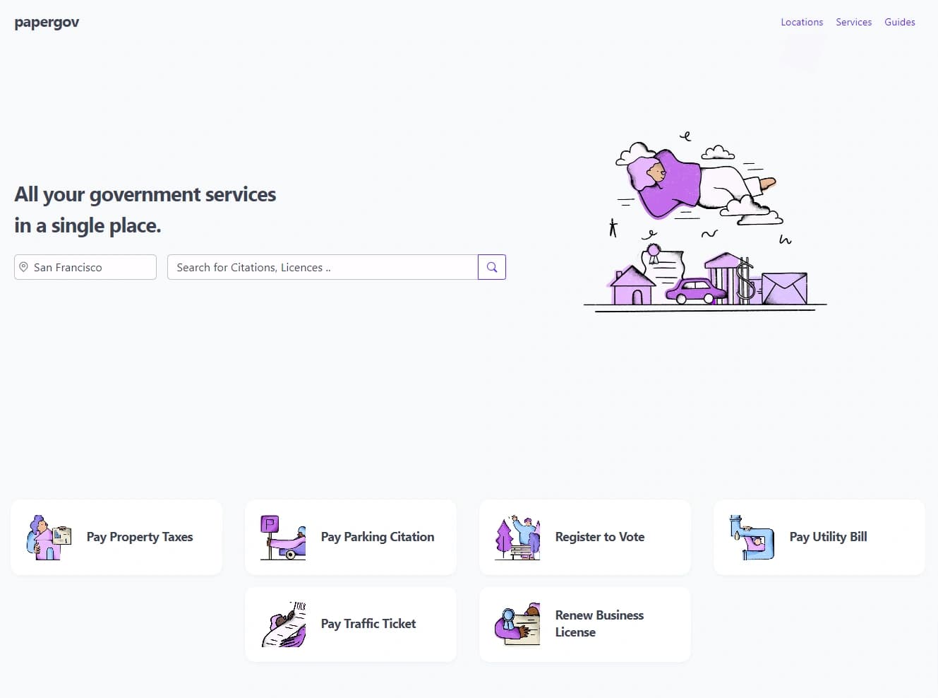 Website homepage with text "All your government services in a single place" and icons for services like paying taxes, parking citations, and voting.