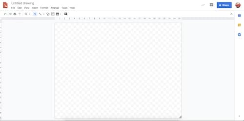 A blank Google Drawings canvas with a grid background, toolbar at the top, and drawing tools on the left.