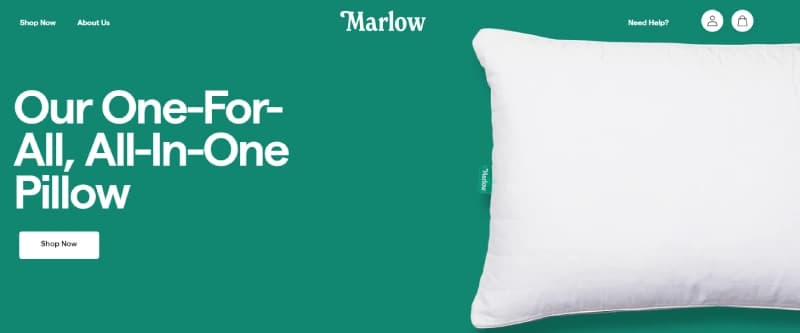 Green website banner featuring a white pillow on the right and text on the left promoting a versatile pillow from Marlow.
