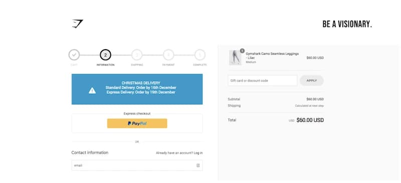 Checkout page showing order summary for "Gymshark Cameo Seamless Leggings" priced at $60.00 USD with PayPal as a payment option.