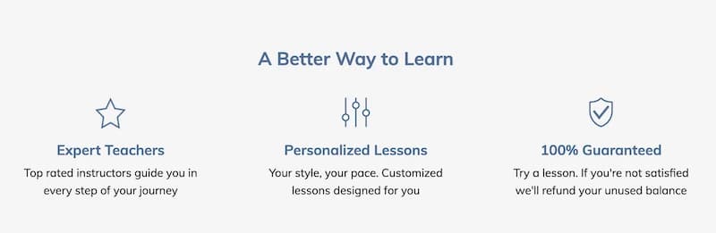 Infographic with three sections: Expert Teachers, Personalized Lessons, and 100% Guaranteed, each with icons and brief descriptions.