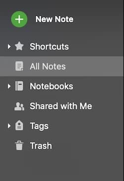 Sidebar menu with options: New Note, Shortcuts, All Notes (highlighted), Notebooks, Shared with Me, Tags, Trash.