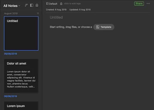 A screenshot of a note-taking app interface with sections for notes, including an untitled note and a "Lorem ipsum" text preview.