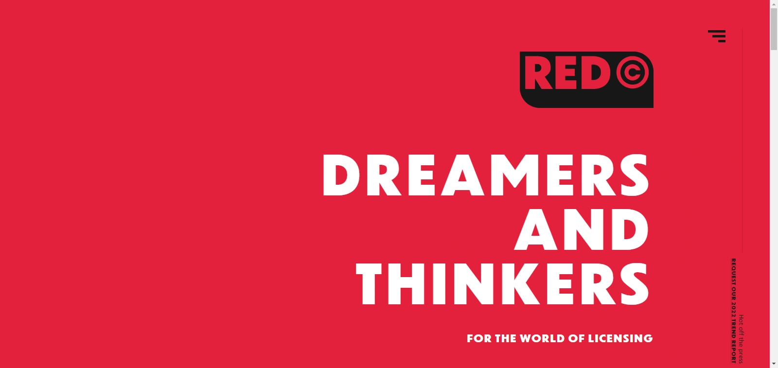 Red background with white text: "Dreamers and Thinkers" and smaller text "For the World of Licensing." Black "RED" logo at the top.